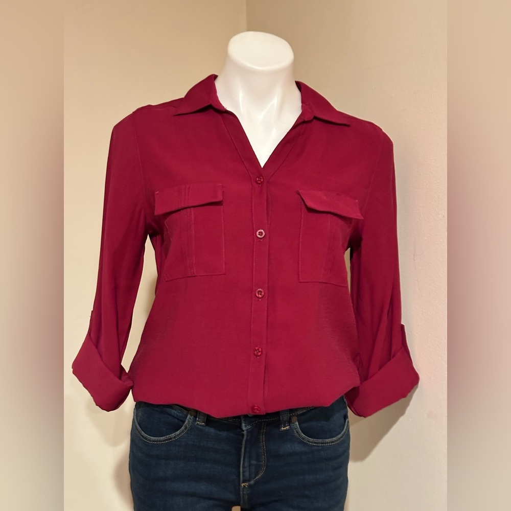 CHICO’S RED Button-Down, Collared Blouse W/Chest Pockets & Button Up Sleeves Sz0